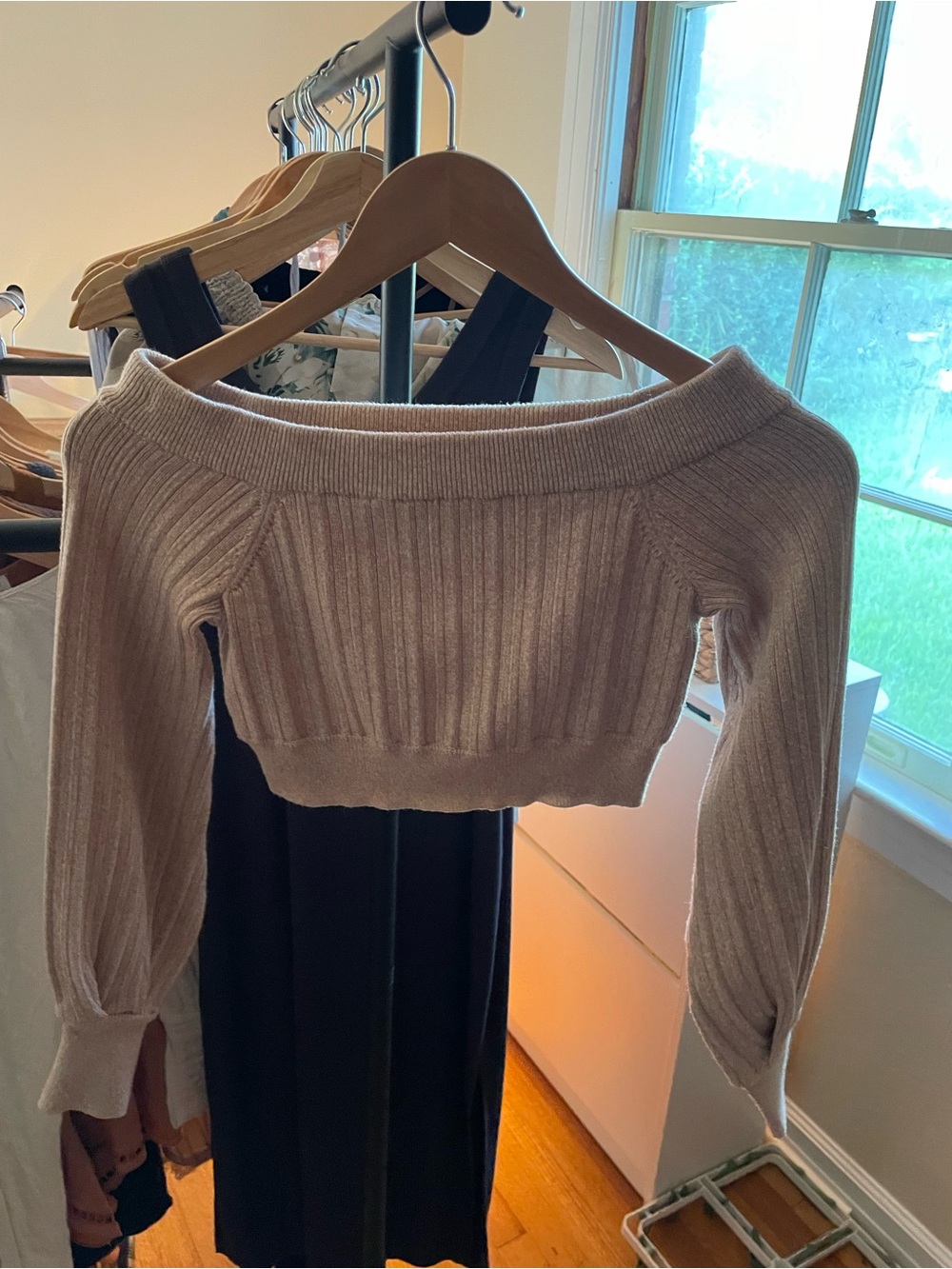 REVOLVE Beige Off-Shoulder Ribbed Crop Top